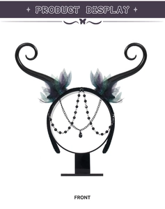 Front detail of gothic black sheep horn headband with purple mesh and black bead drops