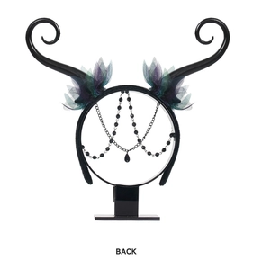 Detail view of gothic Maleficent style horns headband with purple tulle and bead chains