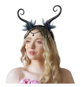 Detail of gothic horn headband with colorful mesh and black beaded tassel fringe
