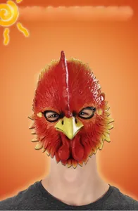 Detailed realistic latex rooster mask featuring red feather texture and yellow beak