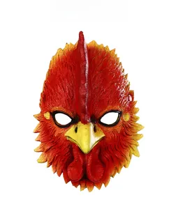 Detailed close-up of realistic rooster latex mask with vivid feathers and red crest details