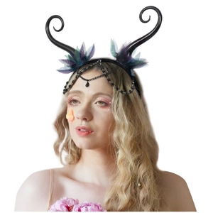 Gothic forest fairy headband with black devil horns and purple floral bead chain details