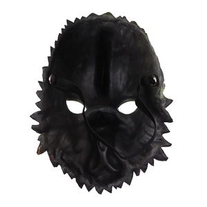 Internal view of rooster head mask showing black elastic strap and rivet fastening detail