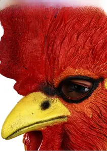 Close-up of realistic red feather texture and yellow beak on a latex rooster mask