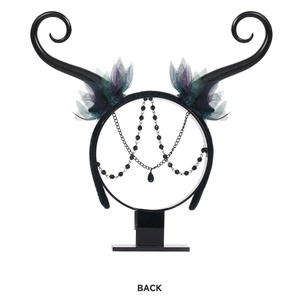 Gothic black horn headband with purple mesh and bead chains, fantasy back view accessory