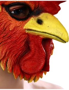 Close-up of realistic rooster mask detailing red feather texture and yellow beak