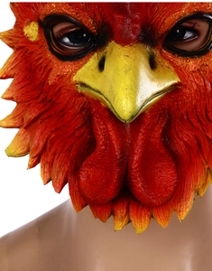 Detailed close-up of realistic red rooster latex mask with yellow beak and feather textures