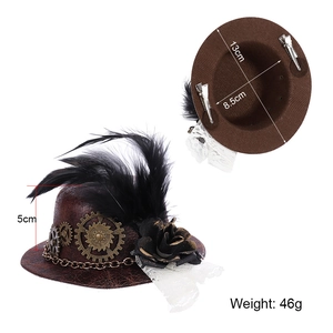 Steampunk mini top hat with gears, brown leather, black feathers and rose lace detail