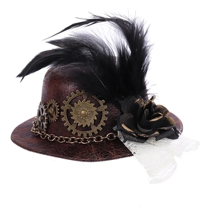 Steampunk mini top hat with gears, bronze chains, and black feathers for Gothic festivals