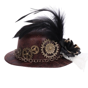 Steampunk mini top hat with brown leather texture, gears, feathers, and lace detail