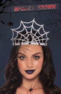 Detalle de corona de telaraña plateada con gemas negras para disfraces de Halloween