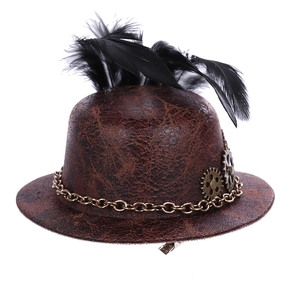 Detailed view of mini steampunk hat hair clip with bronze gears and black feathers