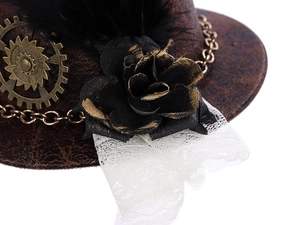 Steampunk mini hat detail with gears, fabric roses, feathers and lace accents