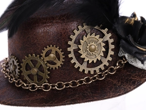 Detail of steampunk mini top hat with bronze gears, metal chains, and black feathers