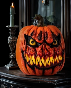Creepy Halloween pumpkin decor with sharp teeth and realistic texture on vintage table
