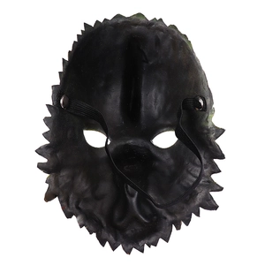 Black latex monster mask with jagged edges and elastic strap shown from rear view