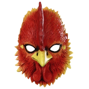 Realistic red rooster mask for cosplay with detailed feather texture and yellow beak