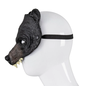Detail view of black bear half mask with realistic leather texture and sharp tusks for cosplay