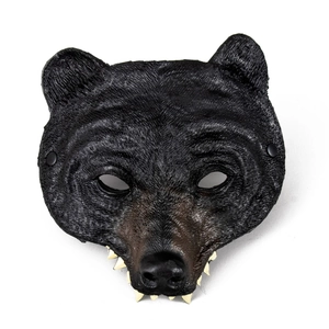 Black bear latex mask for carnival cosplay featuring realistic fur texture and sharp white teeth
