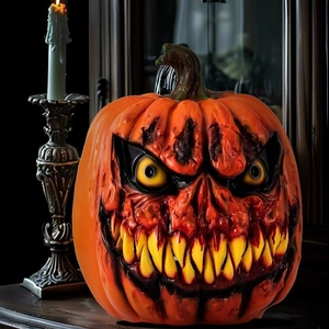 Halloween Pumpkin Head Ornaments Scary Evil Fangs Resin Decorative Props Party Cosplay Home Decor