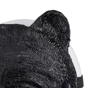 Detail of bear mask with molded fur texture, elastic strap, and plastic snap button