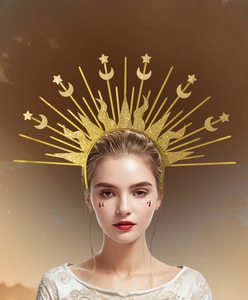 Close-up of golden sun god halo crown with glitter finish stars and crescent moon