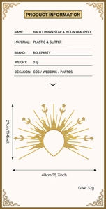Detailed size chart of the gold star and moon halo crown with 40cm width and 29cm height