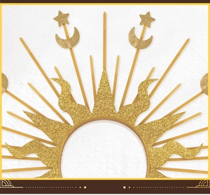 Detail of golden halo crown headpiece featuring celestial sun and moon motifs