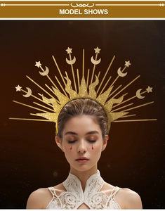 Detailed view of golden sun and moon halo crown headpiece with sparkling finish