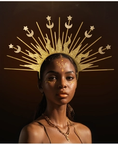 Detailed view of the golden sun and moon halo crown with glitter texture and rays