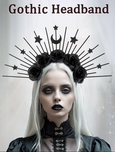 Gothic sunburst headband with black roses, stars, and moon motifs for cosplay
