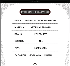 Detailed spec chart for Gothic flower headband with dimensions for Halloween cosplay