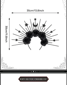 Gothic sun god halo crown with black roses and moon crescent showing size dimensions