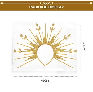 Package display of celestial sunburst headband with 45cm and 30cm size indicators