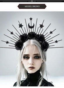 Gothic hair crown with black roses, glittery stars and a crescent moon shown on model