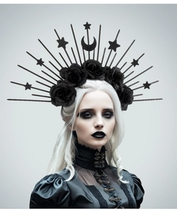 Gothic halo crown with black roses, stars and moon elements on silver hair model