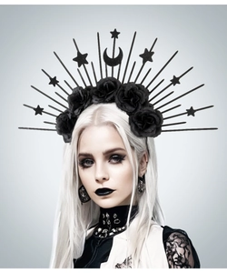 Gothic black rose hairband with glittery star and crescent moon metal details