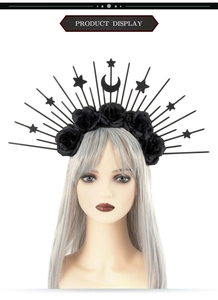 Gothic sun moon headband featuring black roses and celestial rays for cosplay outfits