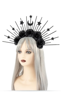Gothic black headband featuring sunburst spikes, moon pendant and fabric roses