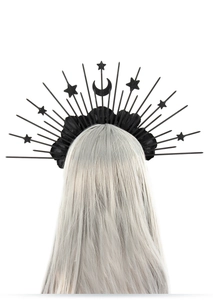Gothic sun halo headband with black spikes and crescent moon stars detail on silver hair