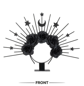 Front view of Gothic black rose crown with sunburst moon and star on a T-stand display