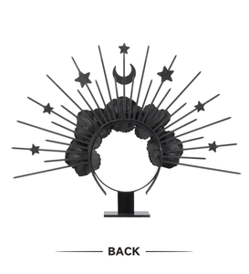 Back view of gothic halo headband with moon and stars decorative elements in black