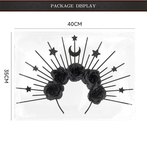 Detailed package display of Gothic halo headband with black roses and stars, size 40x35cm