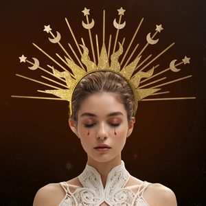 Golden sun goddess halo crown with star and moon spikes for cosplay and themed parties