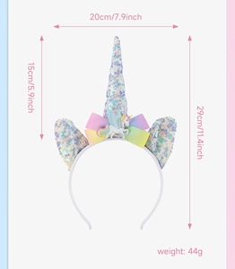 Detail of unicorn headband with sequin horn, rainbow bow and size dimensions in inches