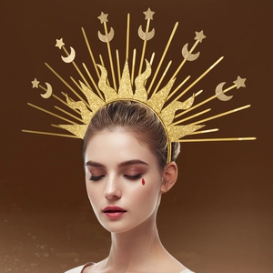 Golden sun star moon halo crown headpiece for fashion gala and role-play costume