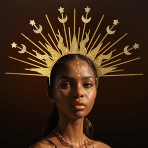 Golden sun and moon celestial halo crown with radiant stars for goddess costume