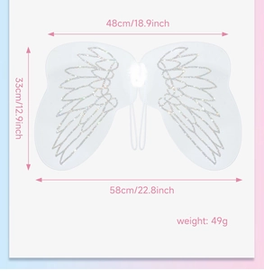 White translucent wings with silver feather patterns and plush ball showing 48x33cm dimensions