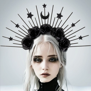 Gothic sun god crown with black roses and celestial moon stars for cosplay styling