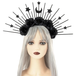 Gothic black rose sunburst headband with celestial stars and moon for cosplay costume